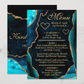 Menu Mariage au marbre d'agate paillettes sarcelle et o (Devant / Derrière)