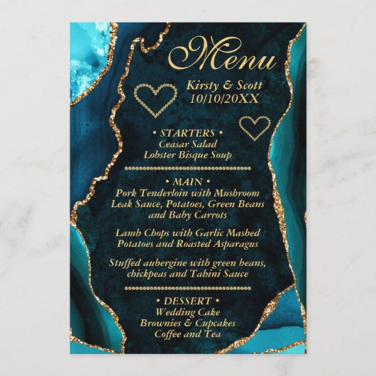 Menu Mariage au marbre d'agate paillettes sarcelle et o (Devant)