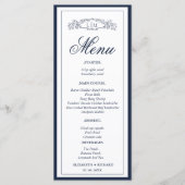 Menu Mariage au monogramme de blason botanique bleu mar (Devant)
