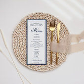 Menu Mariage au monogramme de blason botanique bleu mar