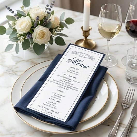 Menu Mariage au monogramme de blason botanique bleu mar
