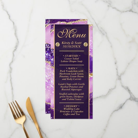 Menu Mariage au motif d'agate or violet rose (Devant/Arrière en situation)