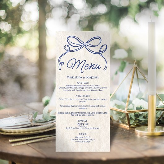 Menu Mariage au Ruban Bleu Rétro Dessiné à la Main