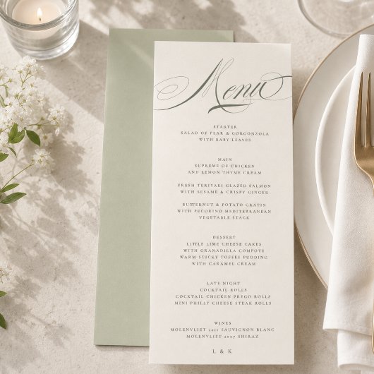 Menu Mariage au Script Vert Pistache