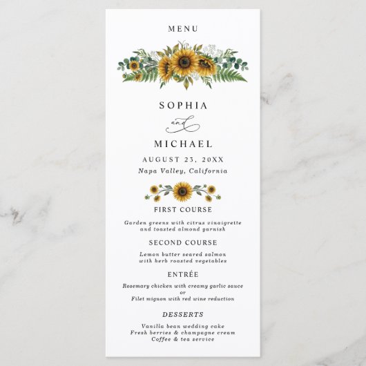Menu Mariage au tournesol rustique (Devant)