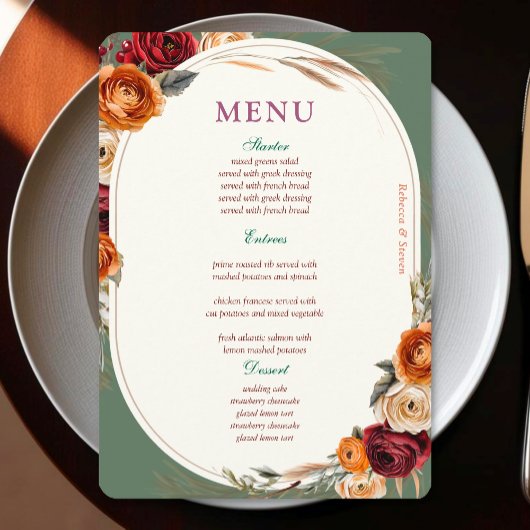 Menu Mariage automnal élégant aux tons orange et floral