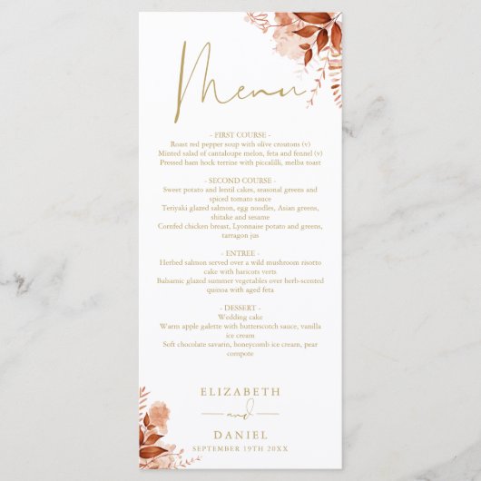 Menu Mariage Automne Floral Rustique Or Dîner (Devant)