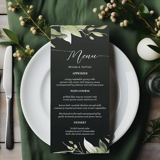 Menu Mariage aux Feuilles de Verdure Moderne Vert Foncé