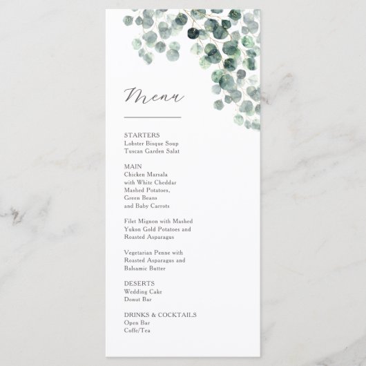 Menu Mariage aux feuilles d'eucalyptus aquarelle (Devant)