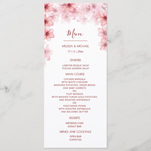 Menu Mariage aux fleurs de cerisier à l'aquarelle (Devant)