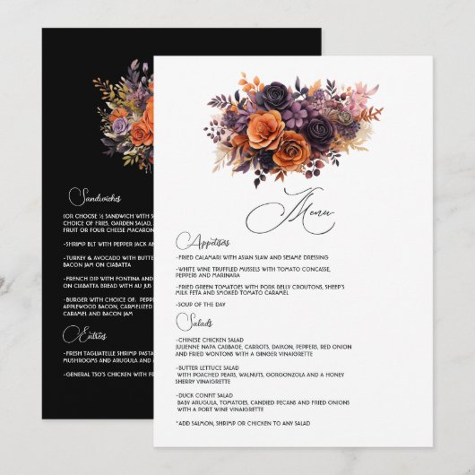 Menu Mariage aux Fleurs Orange Brûlé, Violet Foncé et N (Devant / Derrière)