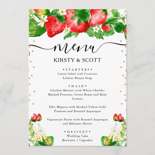 Menu Mariage aux fraises et fleurs blanches à l'aquarel (Devant)