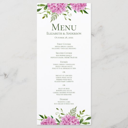Menu Mariage aux Hortensias Roses (Devant)