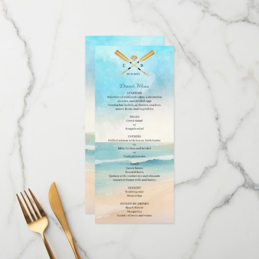 Menu Mariage aux rames de plage à l'aquarelle (Devant/Arrière en situation)