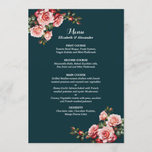Menu Mariage aux roses roses rouges et roses foncés tea