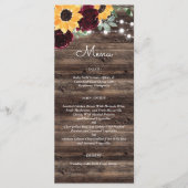 Menu Mariage aux tournesols rustiques et roses (Devant)