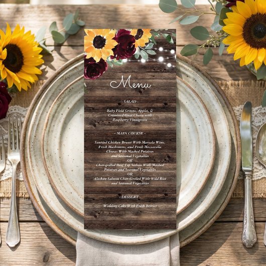 Menu Mariage aux tournesols rustiques et roses