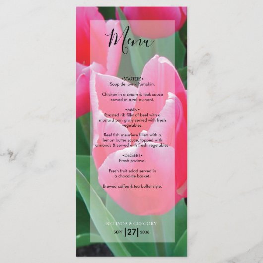 Menu Mariage aux Tulipes Roses Élégantes (Devant)