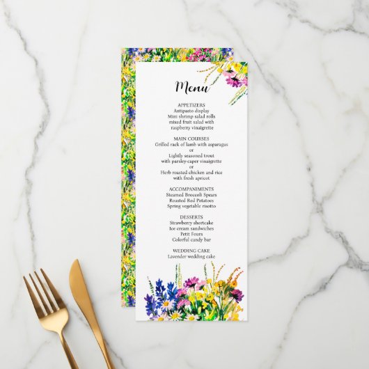 Menu mariage avec fleurs d'été (Devant/Arrière en situation)