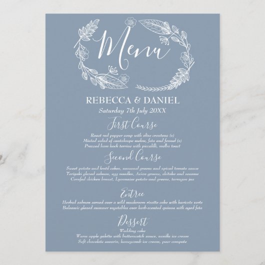Menu Mariage avec guirlande florale rustique dessinée à (Devant)
