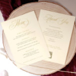 Menu mariage avec Merci Gold<br><div class="desc">Cette élégante carte de crème et d'or mariage avec un remerciement sur le dos, de taille 5x7, propose une calligraphie luxueuse pour une touche sophistiquée à votre réception. Le dos comprend une note de remerciement sincère et un code QR pratique pour que les invités puissent télécharger et partager facilement leurs...</div>