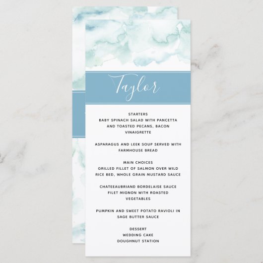 Menu mariage avec Nom de l'invité Dusty Blue Water (Devant / Derrière)
