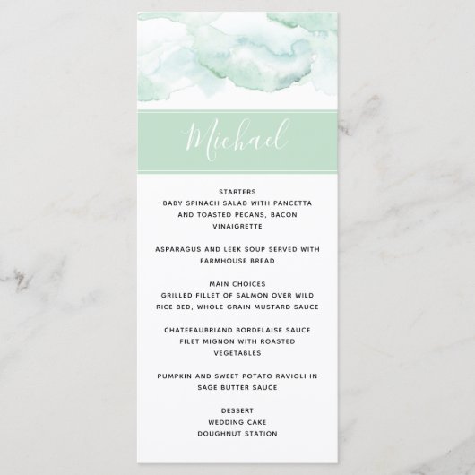Menu mariage avec nom d'hôte Aquarelle vert pâle (Devant)