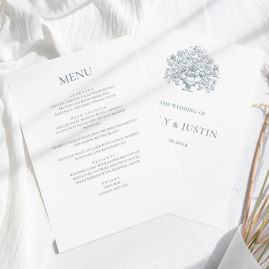 Menu Mariage baroque Bleu Dusty Vintage