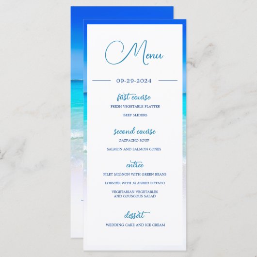 Menu Mariage Beach Mer Bleu Océan Été Monogramme (Devant / Derrière)