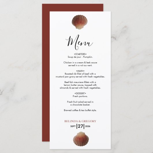Menu Mariage Beach Seashell Clams (Devant / Derrière)