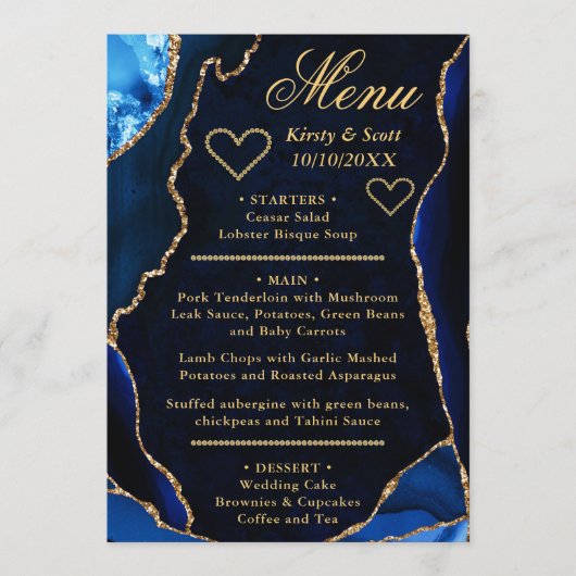 Menu Mariage Bille de Nacre Pailletée Bleue et Or (Devant)