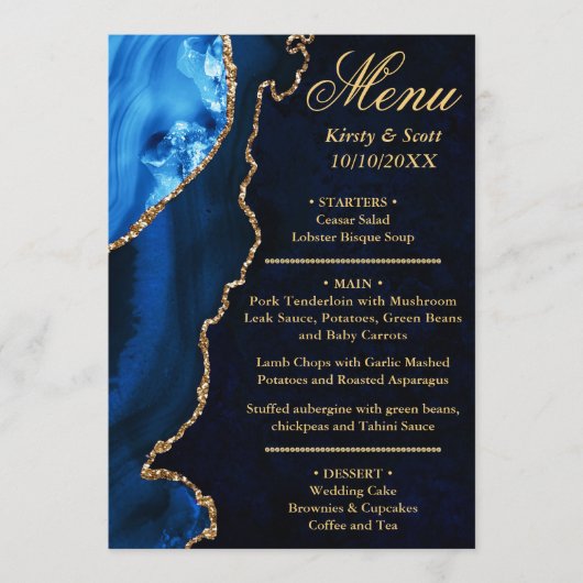 Menu Mariage Bille de Nacre Pailletée Bleue et Or (Devant)