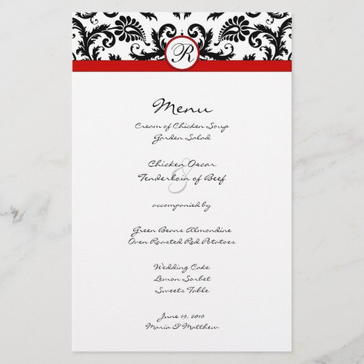 Menu Mariage Black Damask Red Trim (Devant)