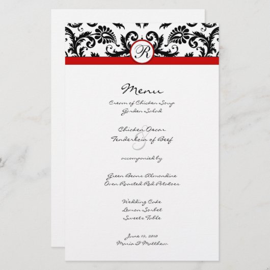 Menu Mariage Black Damask Red Trim (Devant / Derrière)