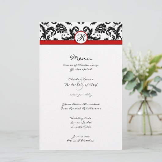 Menu Mariage Black Damask Red Trim (Debout devant)