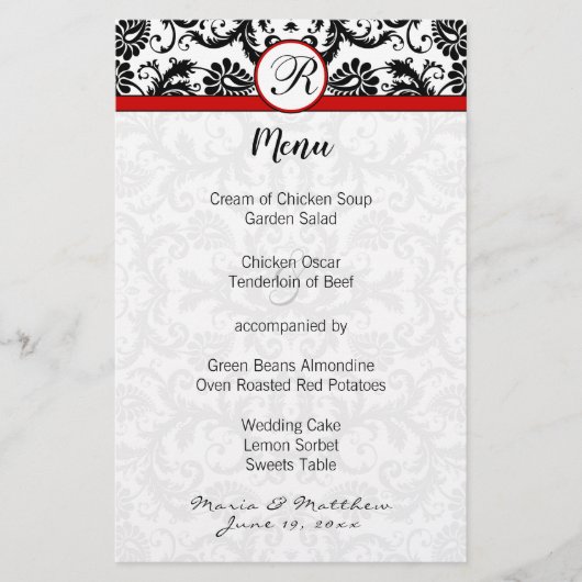 Menu Mariage Black Damask Red Trim (Devant)