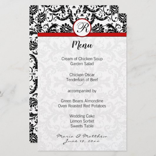 Menu Mariage Black Damask Red Trim (Devant / Derrière)