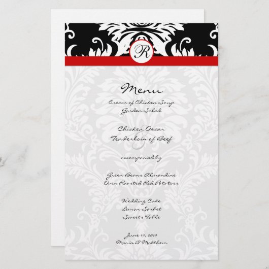 Menu Mariage Black Damask Red Trim (Devant / Derrière)