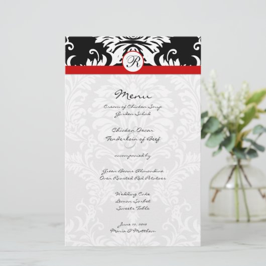 Menu Mariage Black Damask Red Trim (Debout devant)