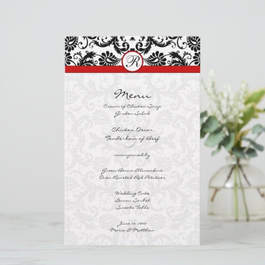 Menu Mariage Black Damask Red Trim (Debout devant)
