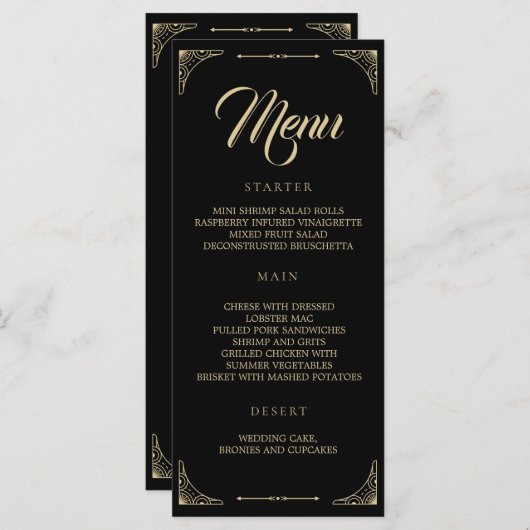 Menu mariage Black Elegant Deco Gold Retro (Devant / Derrière)