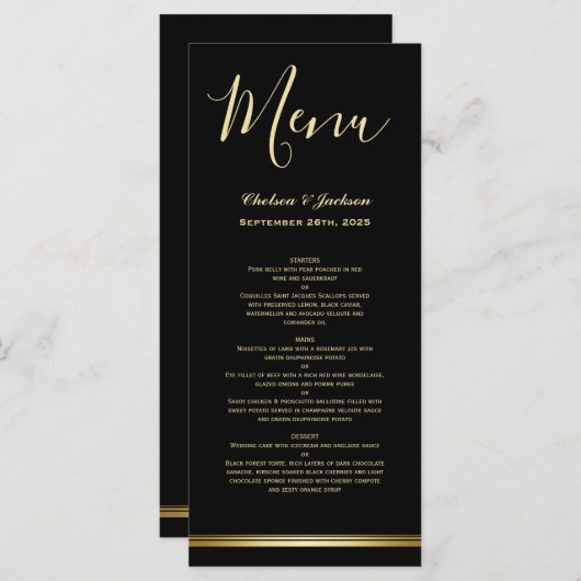 Menu Mariage Black Gold moderne (Devant / Derrière)