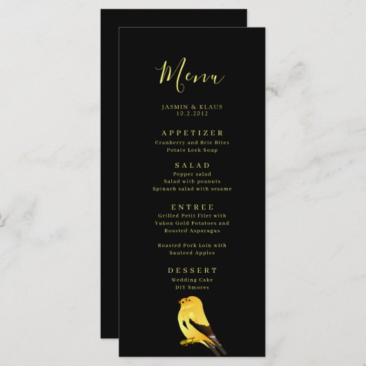 Menu Mariage Black With Gold Birds (Devant / Derrière)