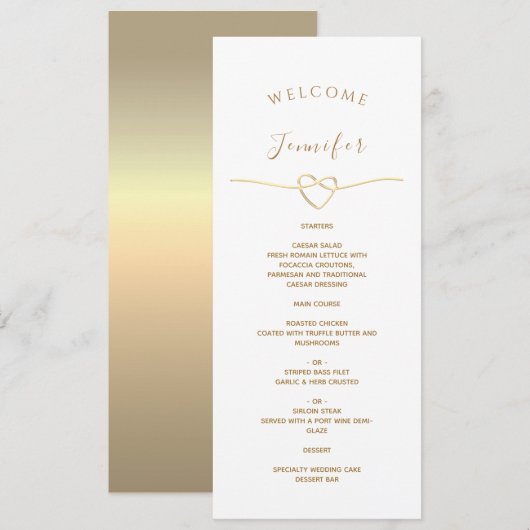 Menu Mariage Blanc avec Nom & Cœur Doré (Devant / Derrière)