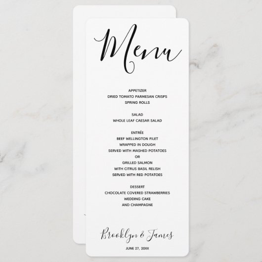 Menu Mariage blanc de script simple (Devant / Derrière)