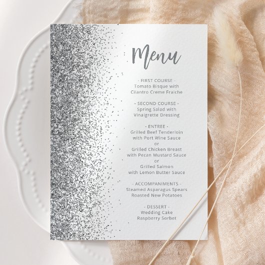 Menu Mariage blanc écriture paillettes argentées