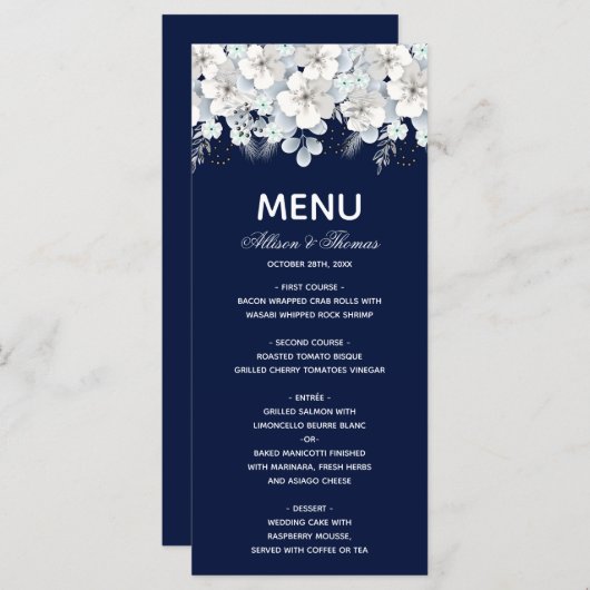 Menu mariage blanc fleur sakura bleu marine (Devant / Derrière)