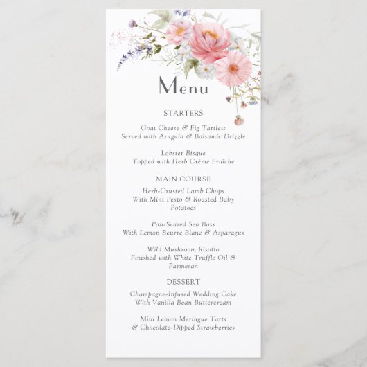 Menu Mariage blanc rose Fleur sauvage (Devant)