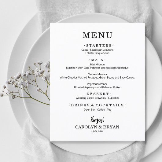 Menu Mariage blanc simple et élégant