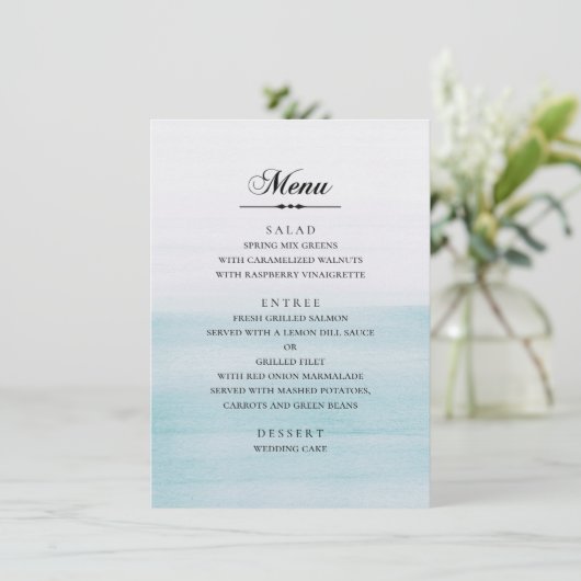 Menu Mariage bleu aquarelle. Classique nautique élégant (Debout devant)